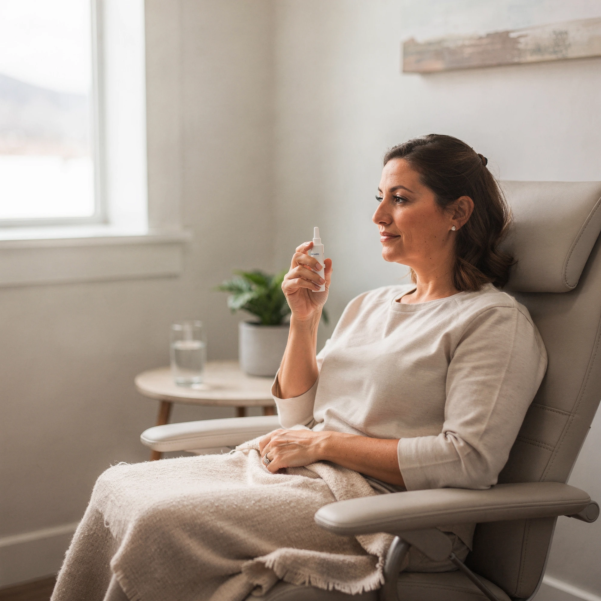 Patient receiving Spravato nasal treatment in a comfortable clinical chair at Myndful Wellness